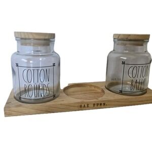 Set Of 2 RAE DUNN Glass Jars w/lids Cotton Ball Round Organizers &FREE WOOD BASE